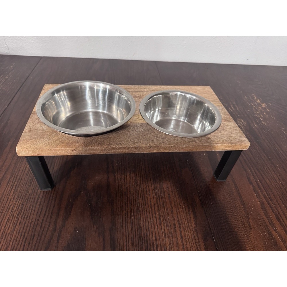 Raised Double Pet Feeder Wood & Metal Stand w/ Stainless Bowls Rustic Dog Cat